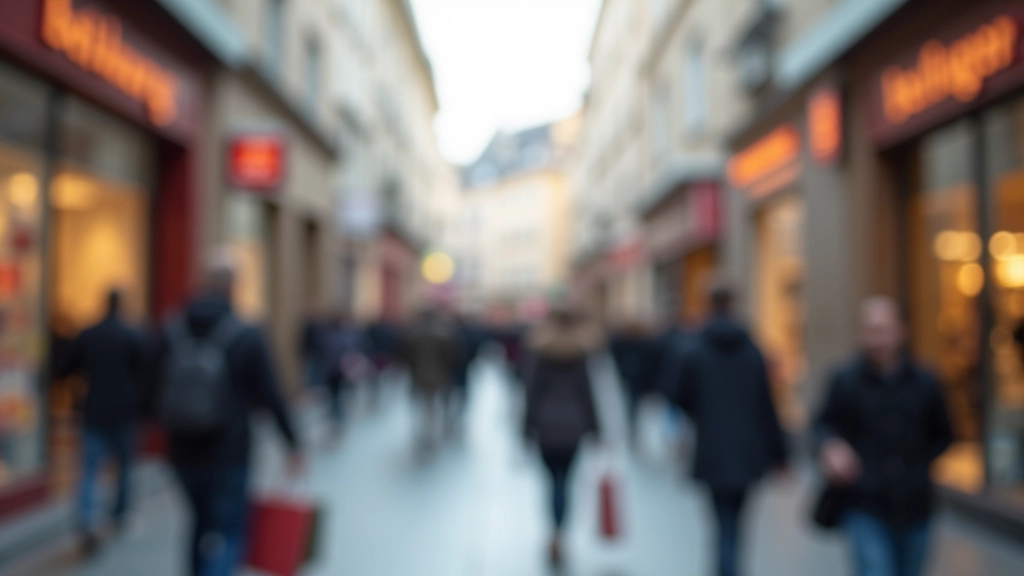 Einkaufsstraße mit Geschäften, Schaufenstern und Passanten, urbane Einkaufsszene